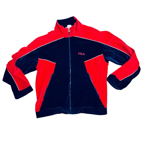 Vintage Fila Red Blue Men's Velour Zip Up Jacket Pockets